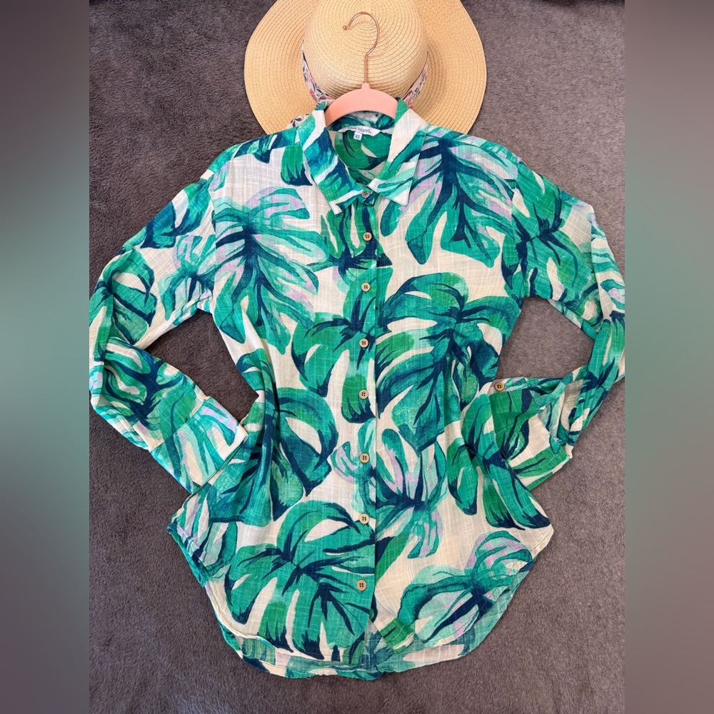 Blue Island Green Leaf Button Down Shirt